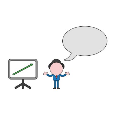 Vektör çizim işadamı karakter boş konuşma balonu ve satış grafiği ok yukarı hareket ile. Renk ve siyah anahatlar.