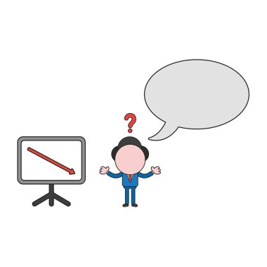 Vektör çizim işadamı karakter satış grafiği ok aşağı hareket ve boş konuşma balonu karıştı. Renk ve siyah anahatlar.