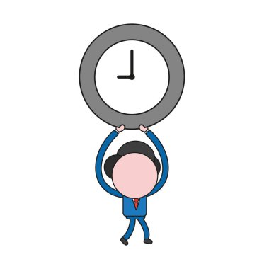 Vector illustration businessman character walking and holding up clock time icon. Color and black outlines.