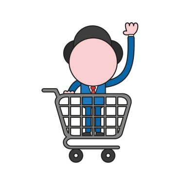 Alışveriş sepeti içinde Vektör illüstrasyon işadamı karakteri. Renk ve siyah anahatlar.