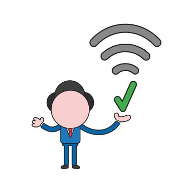 Vektör illüstrasyon işadamı karakter onay işareti ile kablosuz wifi sembolü tutan. Renk ve siyah anahatlar.