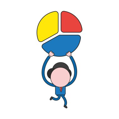 Vektör illüstrasyon işadamı karakter çalışan ve üç adet diyagram pasta parçaları kadar tutarak. Renk ve siyah anahatlar.