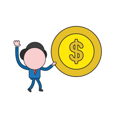 Vektör illüstrasyon işadamı karakter yürüyüş ve dolar para sikke tutarak. Renk ve siyah anahatlar.