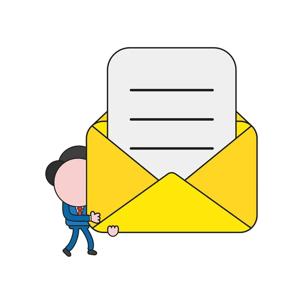 Ilustración Vectorial Personaje Hombre Negocios Caminando Sosteniendo Sobre Correo Abierto — Vector de stock