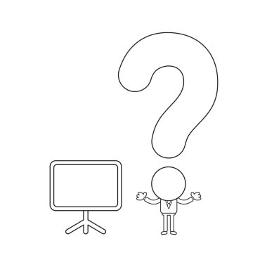 Boş sunum şeması ve soru işareti kafası ile vektör illüstrasyon işadamı karakteri. Siyah anahat.