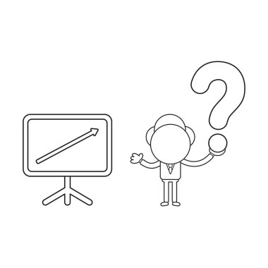 Vektör illüstrasyon işadamı karakteri satış grafiği yukarı hareket ve soru işareti tutan. Siyah anahat.