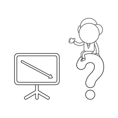 Vektör çizim işadamı karakter aşağıya taşınması ve soru işareti üzerinde oturan satış listeleri ile. Siyah anahat.