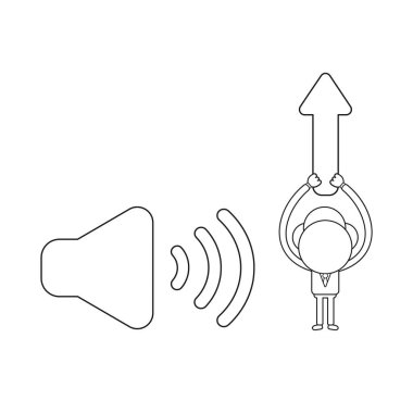 Vektör illüstrasyon işadamı karakteri simge üzerinde ses ve yukarı hareket ok tutarak. Siyah anahat.