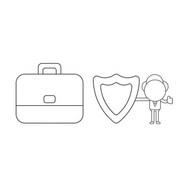 Vector illustration businessman character holding guard shield and showing thumbs up with briefcase. Black outline.