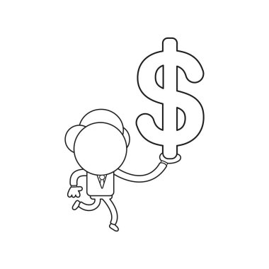 Çalışan ve doları sembolü holding vektör illüstrasyon iş adamı karakteri. Siyah anahat.