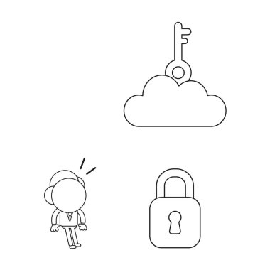 Vektör illüstrasyon iş adamı karakter bulut asma kilit açmak için anahtar arıyorum. Siyah anahat.