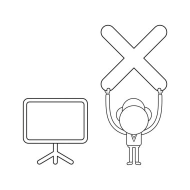 Vektör illüstrasyon işadamı karakteri boş sunum grafiği ile x işareti tutan. Siyah anahat.