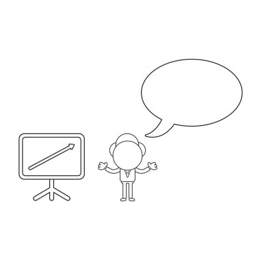 Vector illustration businessman character with blank speech bubble and sales chart arrow moving up. Black outline.