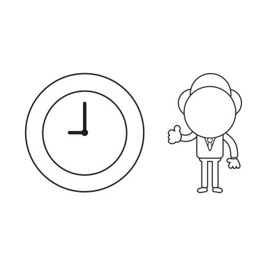 Vektör çizim işadamı karakter el başparmak yukarıya saat saat simgesi ile. Siyah anahat.