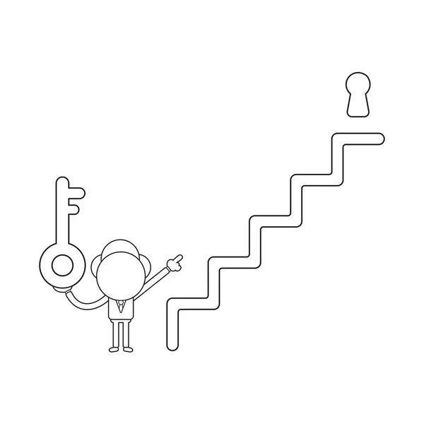 Векторная Иллюстрация Персонаж Бизнесмена Держит Ключ Указывает Замочную Скважину Лестнице — стоковый вектор
