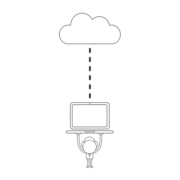 Векторна Ілюстрація Бізнесмен Персонаж Тримає Ноутбук Комп Ютер Єднується Хмарою — стоковий вектор