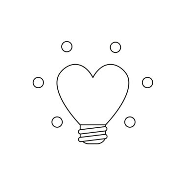 Düz tasarım stil vektör illüstrasyon kavramı parlak sarı ampul kalp şeklindeki sembolü simgesi beyaz arka plan üzerinde. Siyah anahatlar.