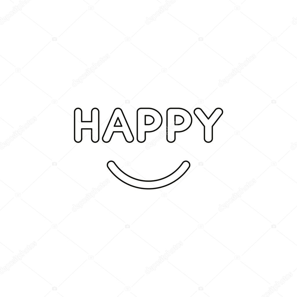 Flat design style vector illustration concept of -happy text with smiling mouth on white background. Black outlines.