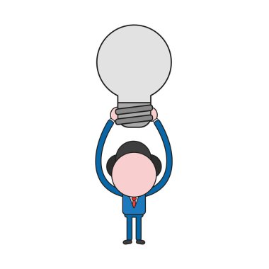 Vektör çizim işadamı karakter ampul kadar tutarak. Renk ve siyah anahatlar.