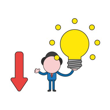 Vektör çizim işadamı karakter aşağıya taşınması ve parlayan ampul tutarak ok ile. Renk ve siyah anahatlar.