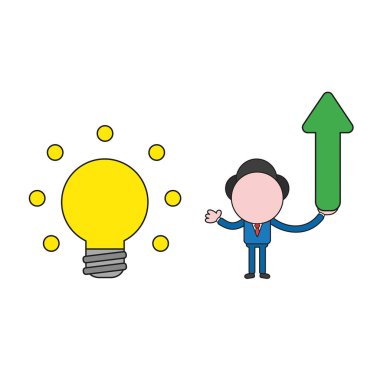 Vektör çizim işadamı karakter holding ok kadar hareketli ve parlayan ampul. Renk ve siyah anahatlar.