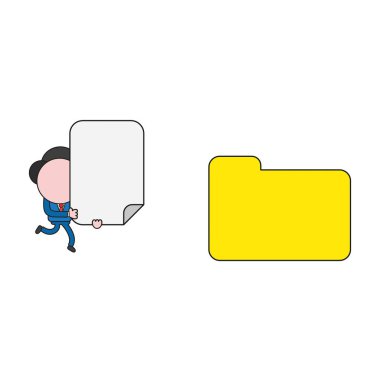 Çalışan ve boş kağıt taşıyan vektör çizim işadamı karakter dosya klasörü kapalı. Renk ve siyah anahatlar.