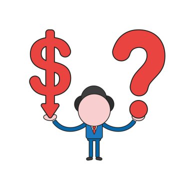 Çalışan ve boş konuşma balonu ile soru işareti taşıyan vektör çizim işadamı karakter. Renk ve siyah anahatlar.