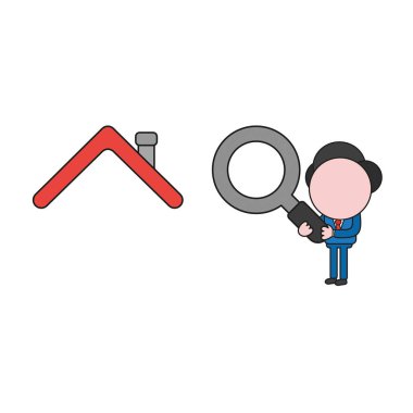 Vektör çizim işadamı karakter Büyüteç tutarak ve evin çatı arıyor. Renk ve siyah anahatlar.