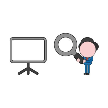 Vektör çizim işadamı karakter Büyüteç tutarak ve boş sunu grafik arıyorum. Renk ve siyah anahatlar.