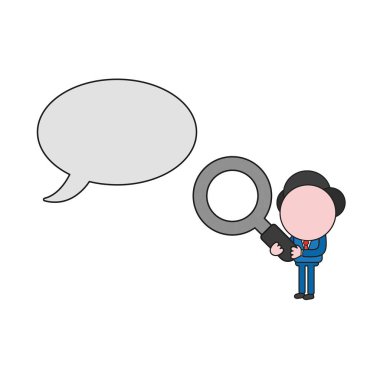 Büyüteç tutarak ve boş konuşma balonu seyir vektör çizim işadamı karakter. Renk ve siyah anahatlar.