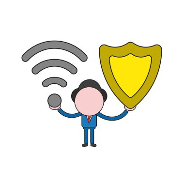 Vektör illüstrasyon iş adamı karakter kablosuz wifi sembolü ve koruma kalkanı tutarak. Renk ve siyah anahatlar.