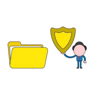 Vektör çizim işadamı karakter açık dosya klasörü ve koruma kalkanı holding ile. Renk ve siyah anahatlar.