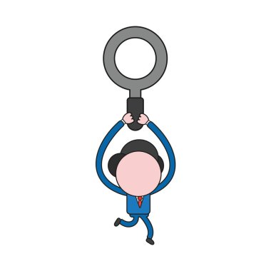 Çalışan ve Büyüteç Camı taşıyan vektör çizim işadamı karakter. Renk ve siyah anahatlar.