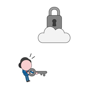 Vektör çizim işadamı karakter tuşuna basılı tutarak ve asma kilit bulut üzerinde seyir. Renk ve siyah anahatlar.