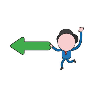 Çalışan ve ok hareketli taşıma vektör çizim işadamı karakter için yorum yaptı. Renk ve siyah anahatlar.