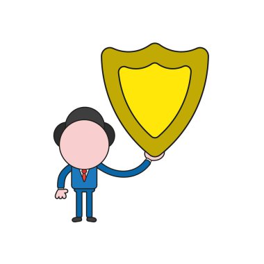 Vektör illüstrasyon iş adamı karakter koruma kalkanı tutarak. Renk ve siyah anahatlar.