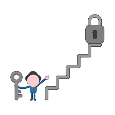 Vektör çizim işadamı karakter holding anahtar ve merdiven üstünde işaretleme asma kilit. Renk ve siyah anahatlar.