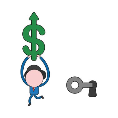 Vektör çizim işadamı karakter ile çalışan ve yukarı hareket ok ile doları sembolü taşıyan anahtar, anahtar deliği kilidini. Renk ve siyah anahatlar.