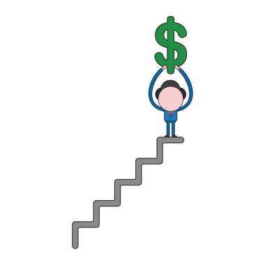 Vektör illüstrasyon iş adamı karakter doları sembolü merdiven üstünde gidiyor. Renk ve siyah anahatlar.