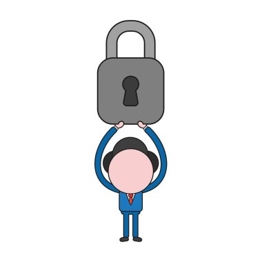 Vektör çizim işadamı karakter kadar kapalı asma kilit tutan. Renk ve siyah anahatlar.