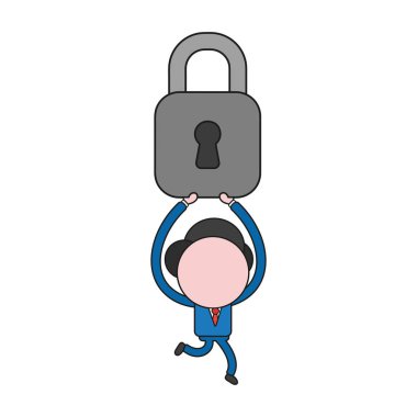 Çalışan ve taşıyan vektör çizim işadamı karakter asma kilit kapalı. Renk ve siyah anahatlar.