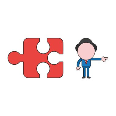 Vektör çizim işadamı karakter eksik bulmaca parça ve işaret. Renk ve siyah anahatlar.