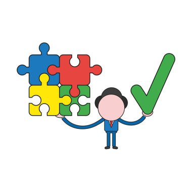 Vektör çizim işadamı karakter holding bağlı jigsaw puzzle parçaları ve onay işareti. Renk ve siyah anahatlar.