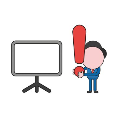 Vektör çizim işadamı karakter holding ünlem işareti boş sunu grafik ile. Renk ve siyah anahatlar.