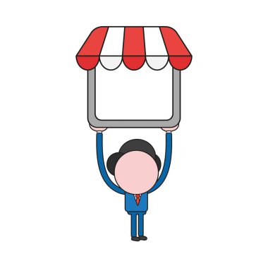 Vektör illüstrasyon iş adamı karakter dükkanı dükkanını tutarak. Renk ve siyah anahatlar.