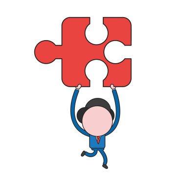 Çalışan ve eksik yapboz parçası taşıyan vektör çizim işadamı karakter. Renk ve siyah anahatlar.