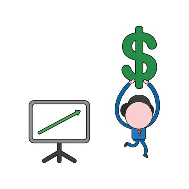 Vektör çizim işadamı karakter yukarı hareket, çalışan ve doları sembolü taşıyan satış grafiği ok ile. 