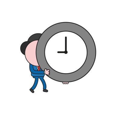 Yürüyüş ve saat zaman holding vektör çizim işadamı karakter. Renk ve siyah anahatlar.