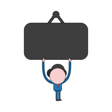 Vektör illüstrasyon iş adamı karakter boş asılı kaydolun tutarak. Renk ve siyah anahatlar.