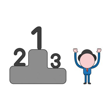 Vektör çizim işadamı karakter ile birinci, ikinci ve üçüncü kazanan podyum üzerinde yerleştirir. Renk ve siyah anahatlar.